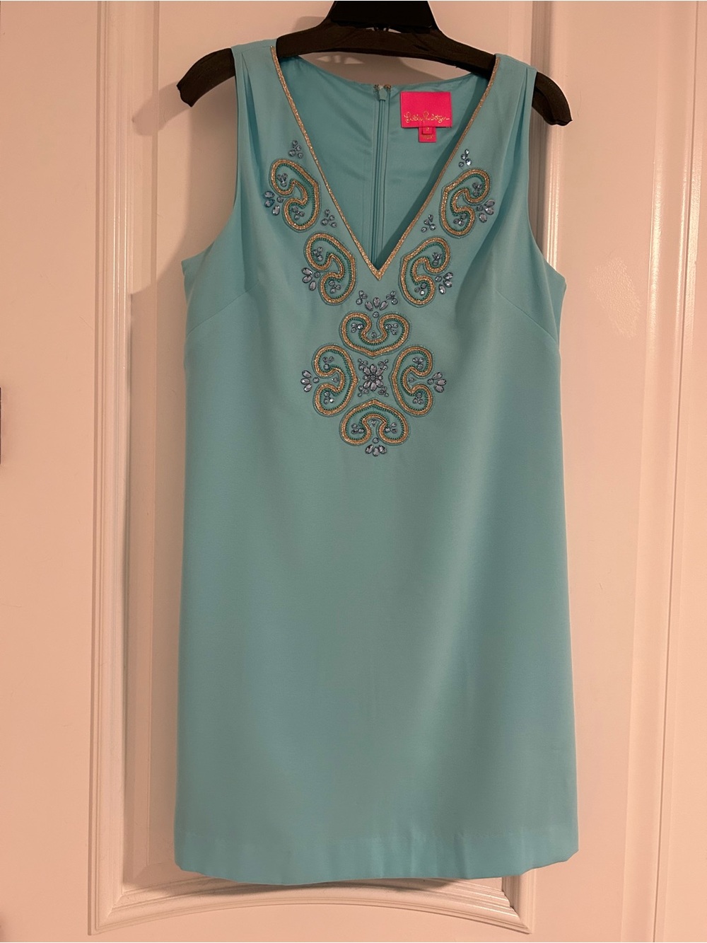 Lilly Pulitzer Aqua Embellished V-Neck Sleeveless Shift Dress